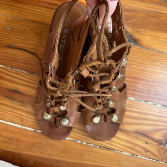 Strategia Vero Cuoio Italian Brown Leather Gladiator Block Heel Sandals Size 9.5 - Picture 6 of 8